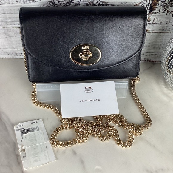 Coach Handbags - Coach #53277 Black Soft Leather Clutch‎ Wallet with Gold Chain